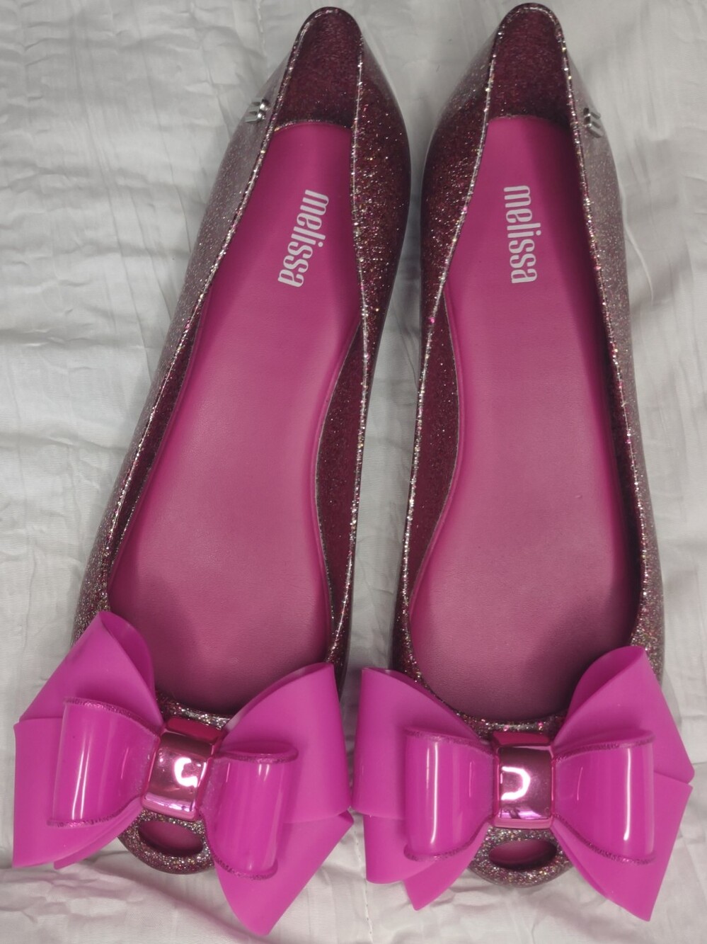 Melissa Women's Glitter Ballet Flats with Pink Bow